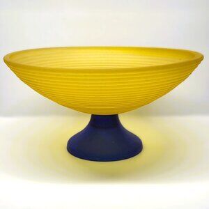 Vintage Large Yellow Blue Glass Pedestal Fruit Bowl Ribbed Wangs International